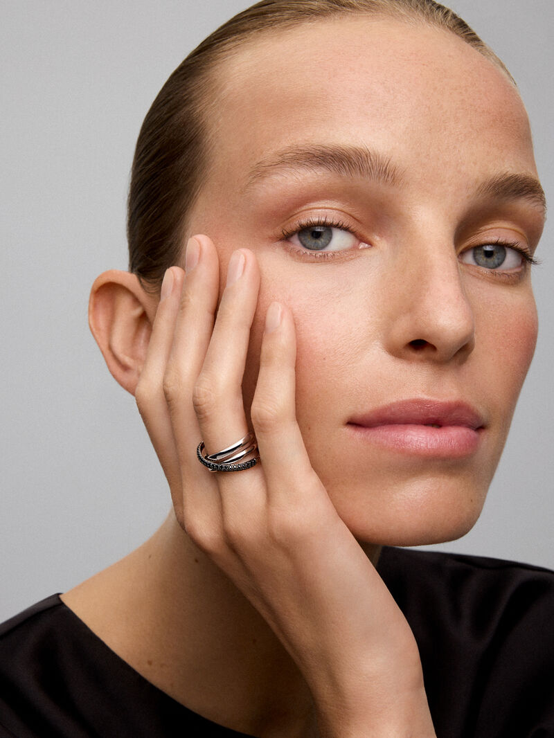 925 silver crossed multi-arm ring with brilliant-cut black spinels image number 2