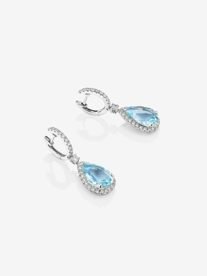 18K white gold hoop earrings with aquamarine and diamond pendant. image number 2