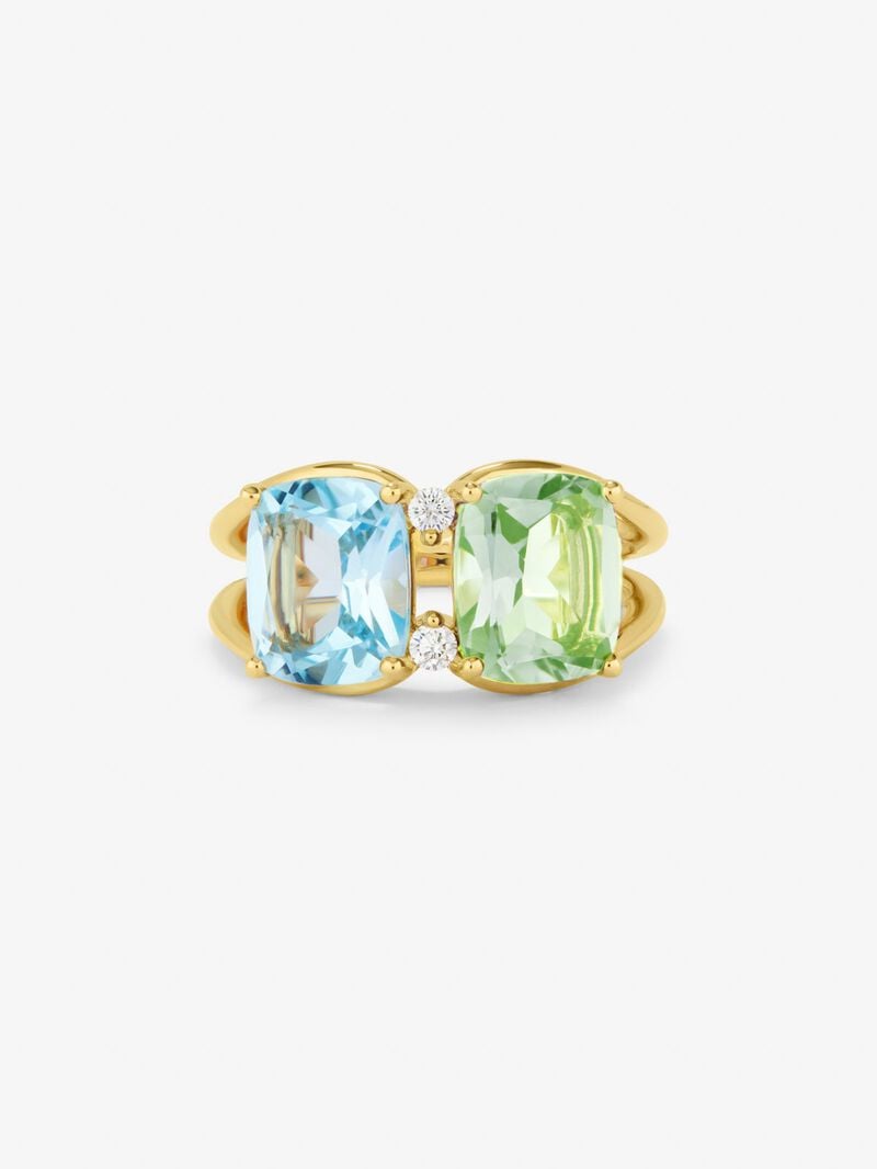 18K yellow gold ring with 2.75 ct cushion-cut sky blue topaz, 2 ct cushion-cut green amethyst and 2 brilliant-cut diamonds with a total of 0.06 cts image number 2