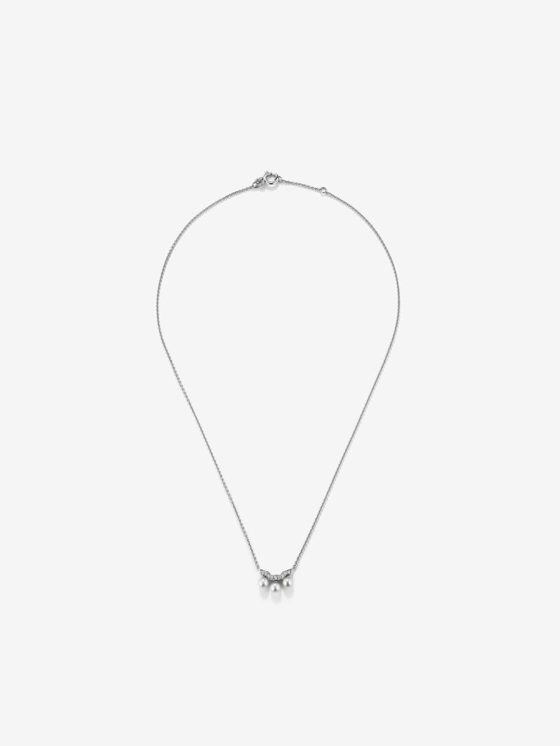 18k white gold pendant chain with three Akoya pearls and diamonds. image number 0