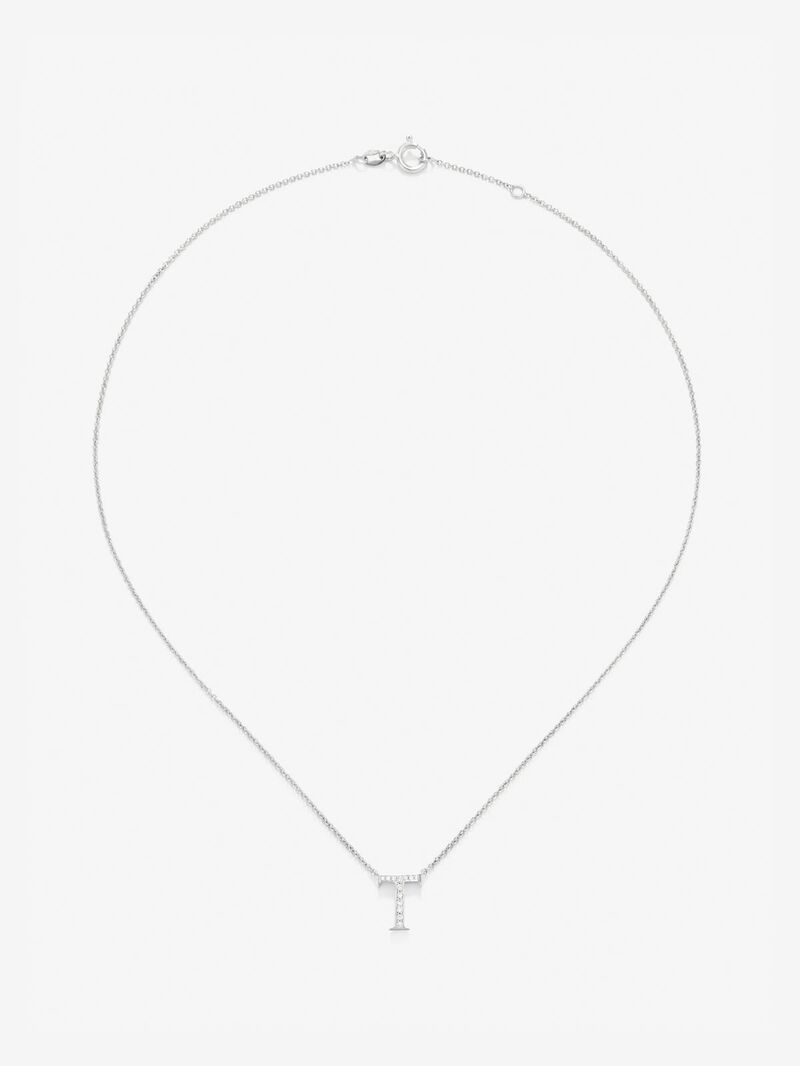 18K white gold pendant with letter T and 13 brilliant-cut diamonds with a total of 0.05 cts image number 0