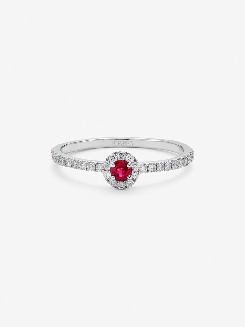 18K white gold ring with brilliant-cut red ruby ​​of 0.1 cts and border and arm of 28 brilliant-cut diamonds with a total of 0.2 cts image number 2