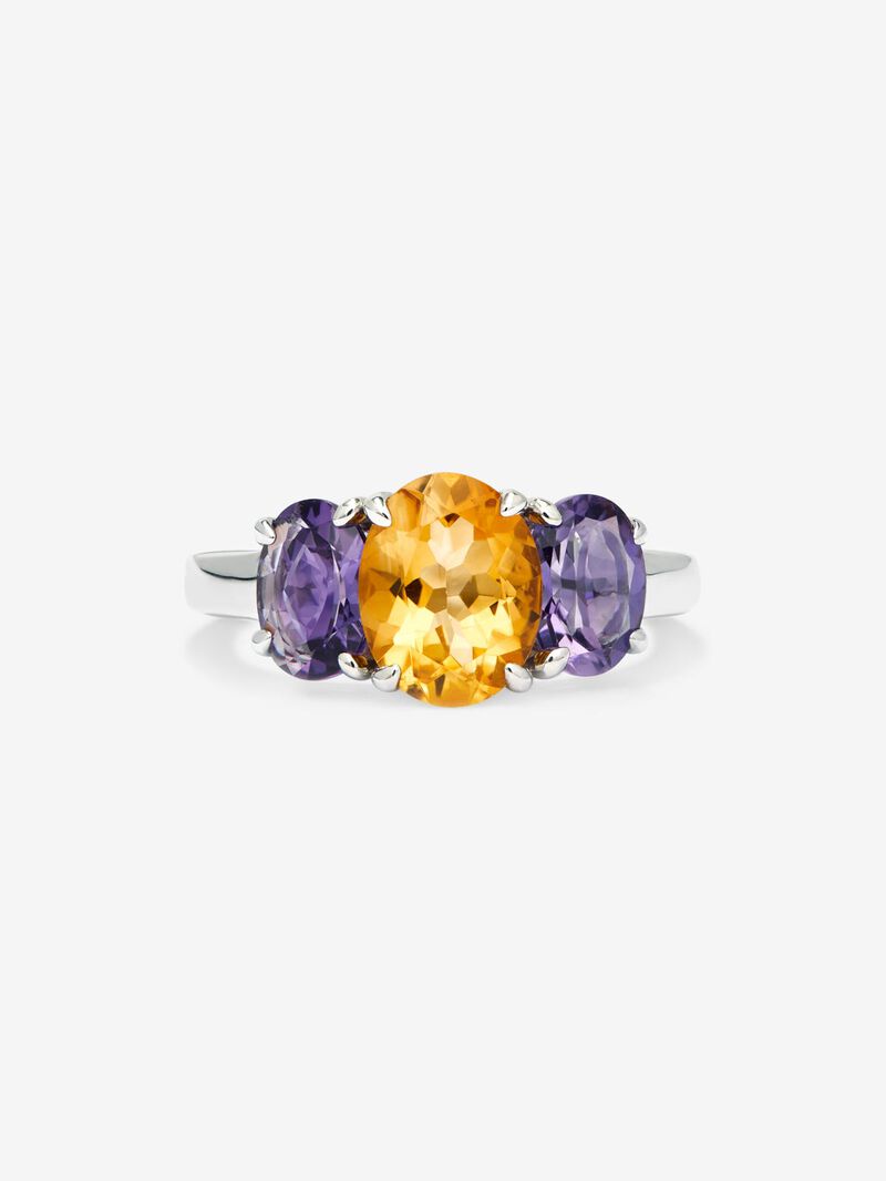 925 silver triple ring with oval-cut citrine quartz and 2 oval-cut purple amethysts image number 1