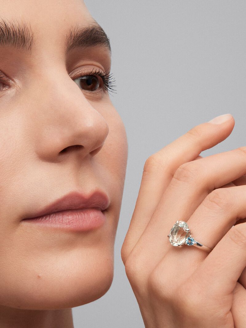 925 silver triple ring with oval-cut green amethyst and 2 brilliant-cut Swiss blue topazes image number 3
