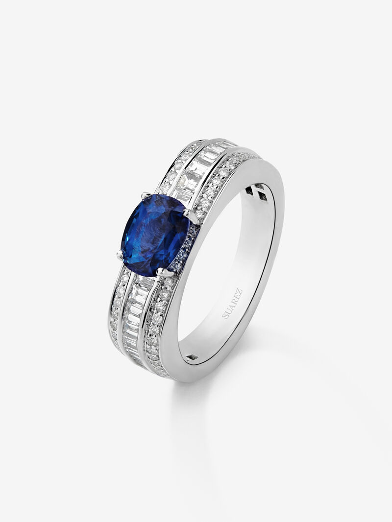 18K White Gold Ring with Royal Blue Zafiro in 1.56 cts and white diamonds in 0.71 cts image number 0