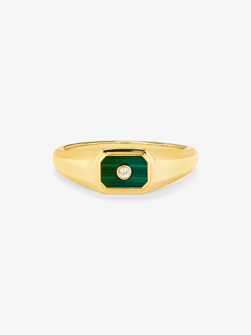 Small 18K yellow gold signet ring with 0.2 ct green malachite and 0.01 ct brilliant cut diamond image number 2