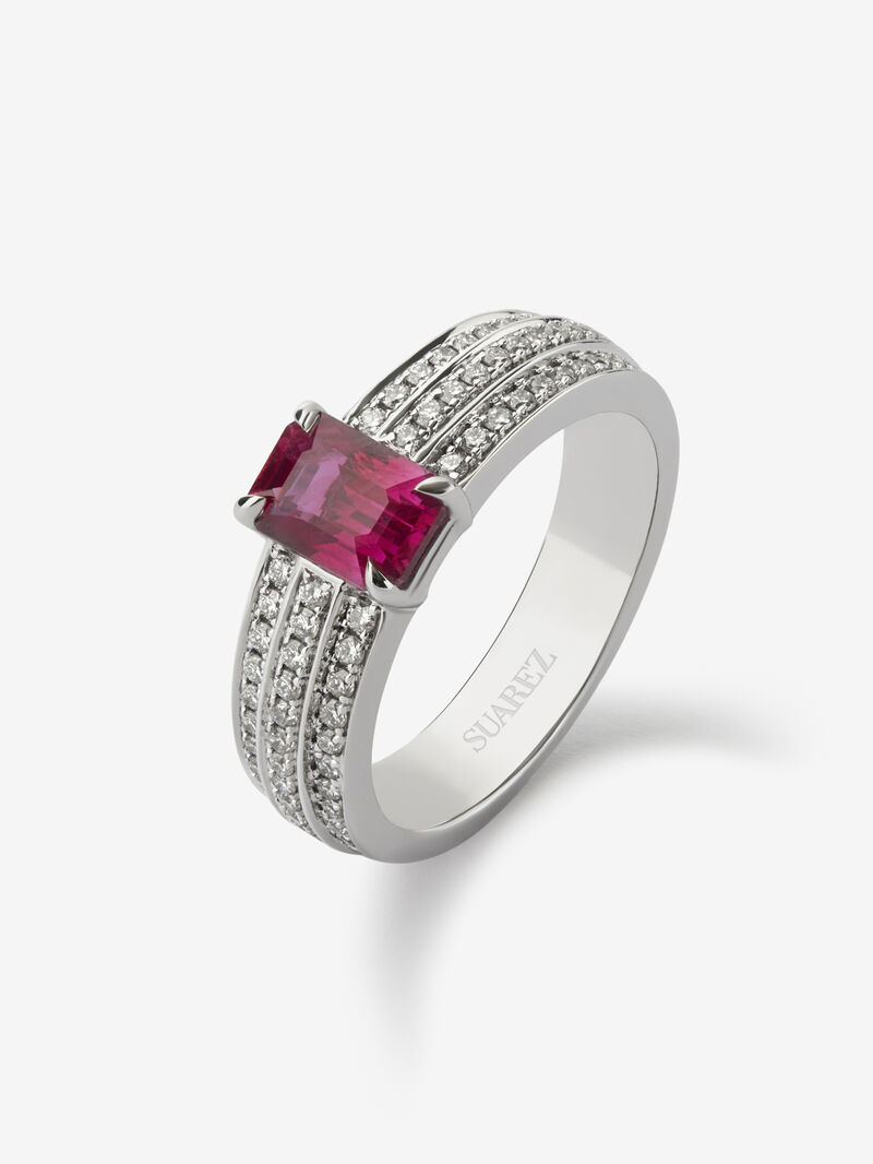 18K white gold ring with octagonal-cut pigeon blood ruby ​​of 1.28 cts and 68 brilliant-cut diamonds with a total of 0.39 cts image number 0