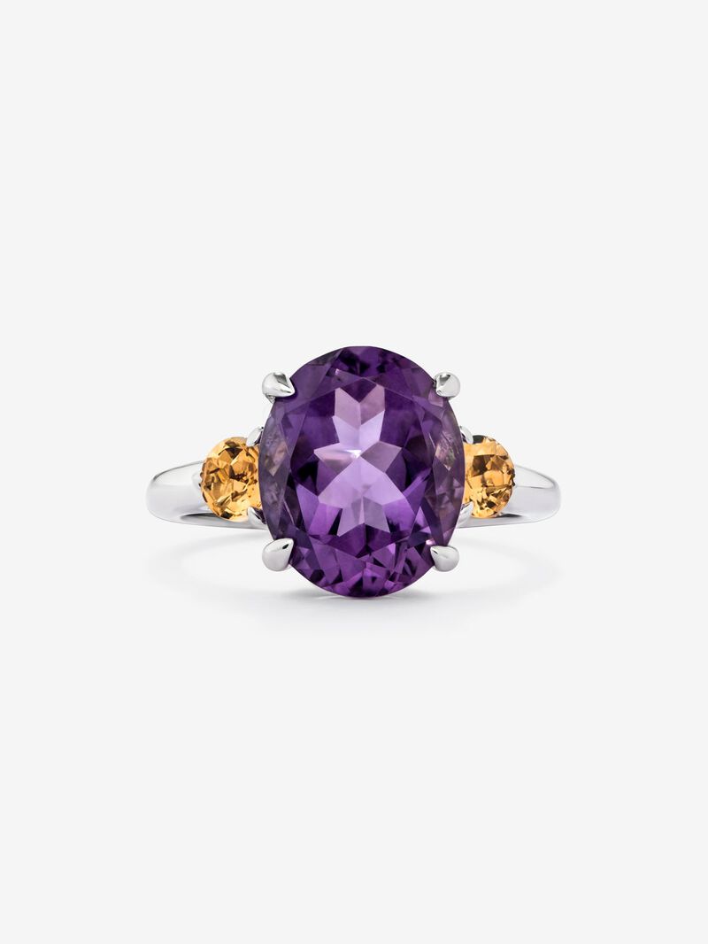 925 silver triple ring with oval-cut purple amethyst and 2 brilliant-cut citrine quartz image number 1