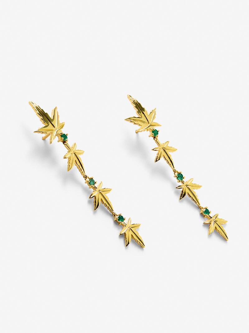 18K Yellow Gold Earrings with six brilliant-cut emeralds totaling 0.37 cts and a maple leaf shape image number 1