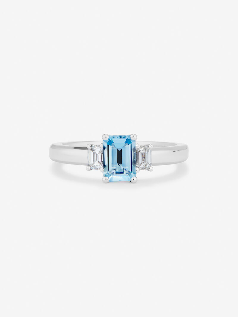 18K white gold triple ring with octagonal cut aquamarine of 0.8 cts and 2 octagonal cut diamonds with a total of 0.3 cts image number 2