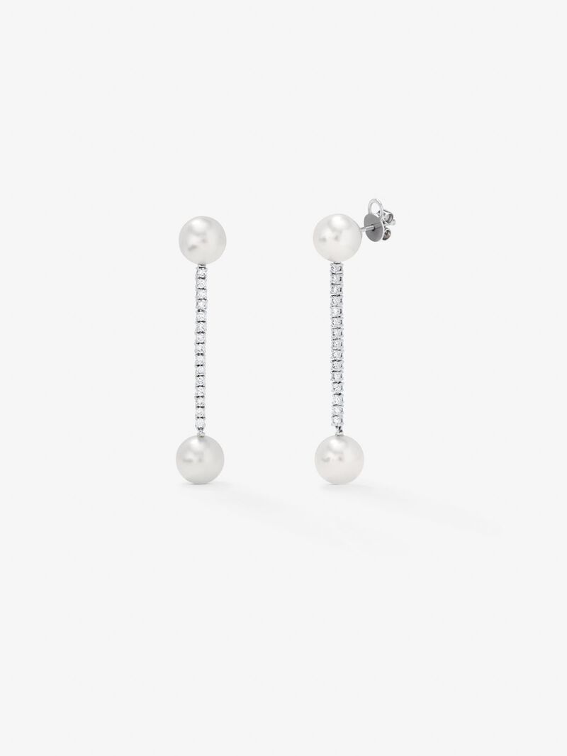 Long 18K white gold pendant earrings with diamond and pearl. image number 0
