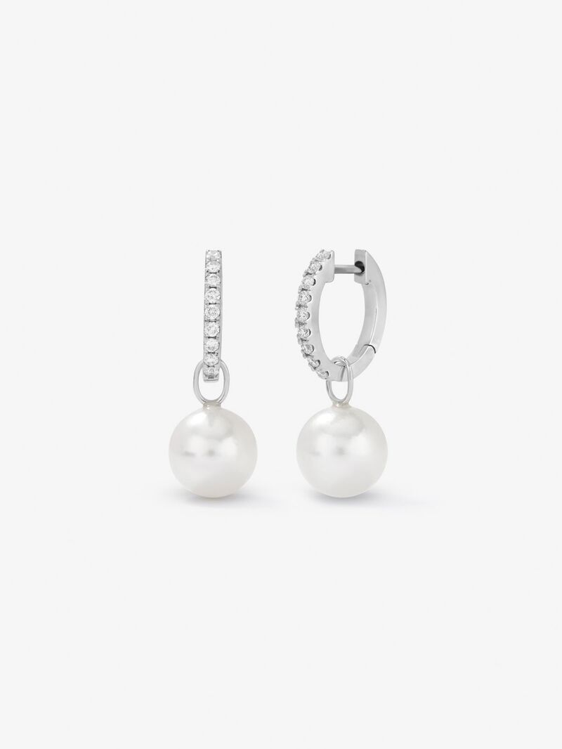 18K white gold hoop earrings with 18 brilliant-cut diamonds with a total of 0.21 cts and 2 8.5mm Akoya pearls image number 0