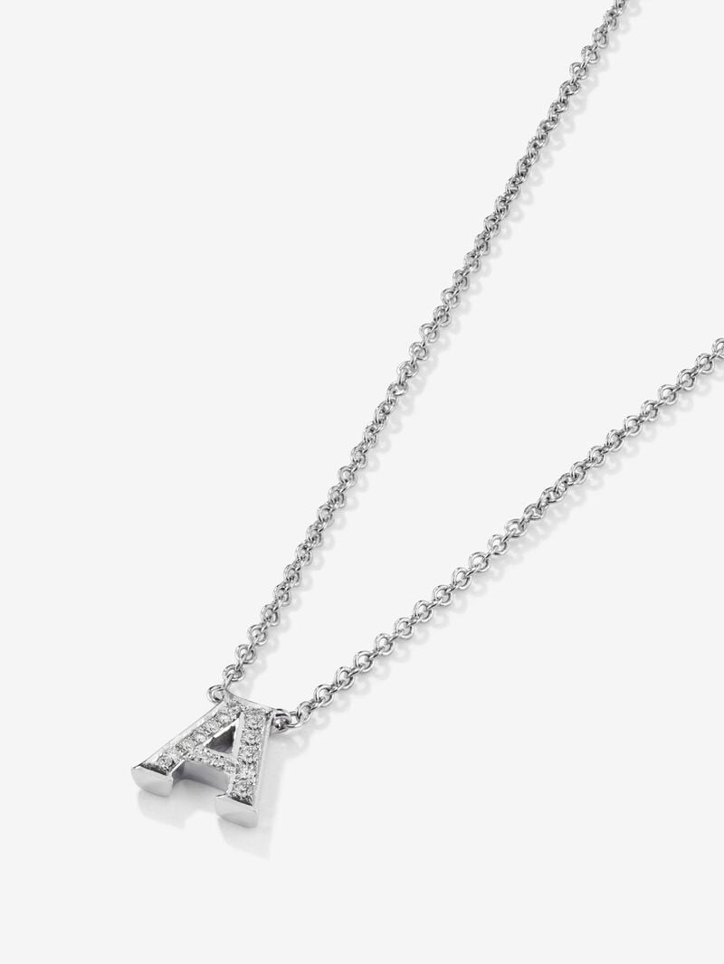 Pendant necklace with small initial in 18K white gold and diamonds. image number 2