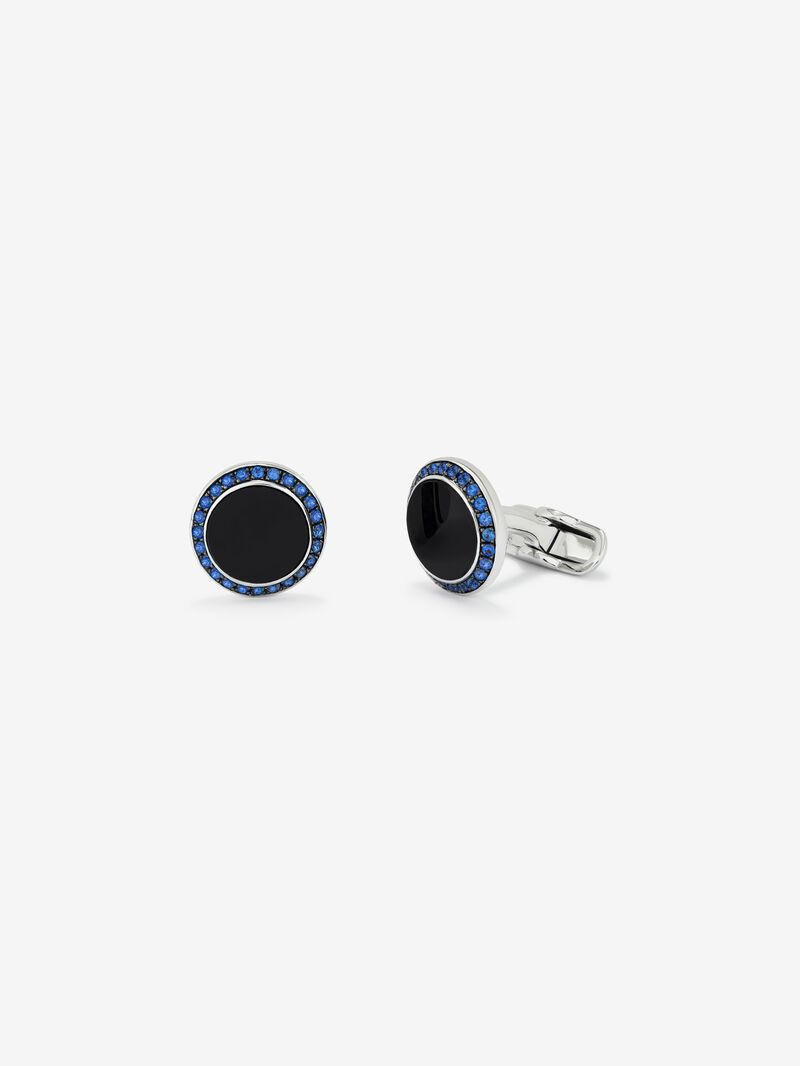 925 silver cufflinks with 2 onyx with a total of 4.24 cts and 48 brilliant-cut blue sapphires with a total of 0.68 cts image number 0