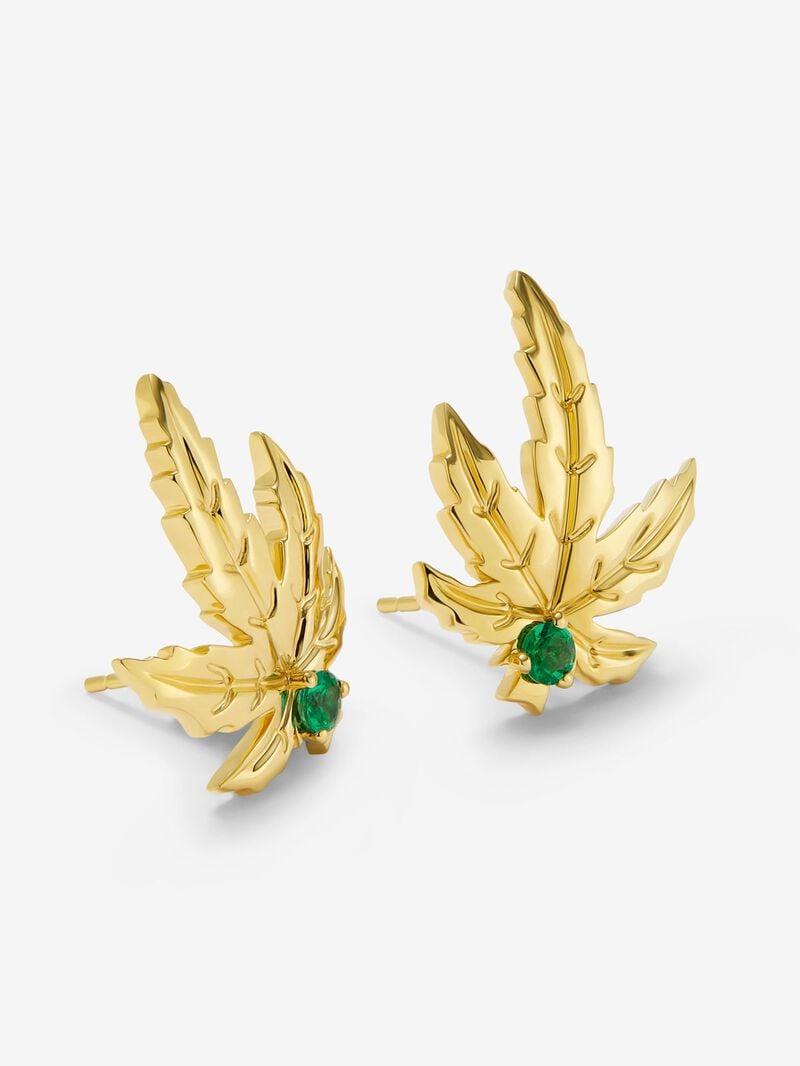 18K yellow gold earrings with two central emeralds totaling 0.15 cts, in a maple leaf design image number 2