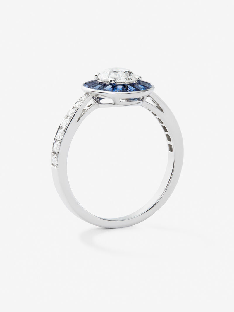 18K White Gold Ring with white diamonds in bright size of 0.88 cts and blue sapphires in 0.67 CTS trapeze size image number 4