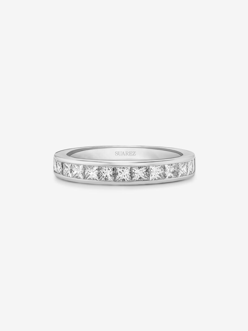 18K white gold half eternity engagement ring with princess cut diamonds on a rail. image number 2
