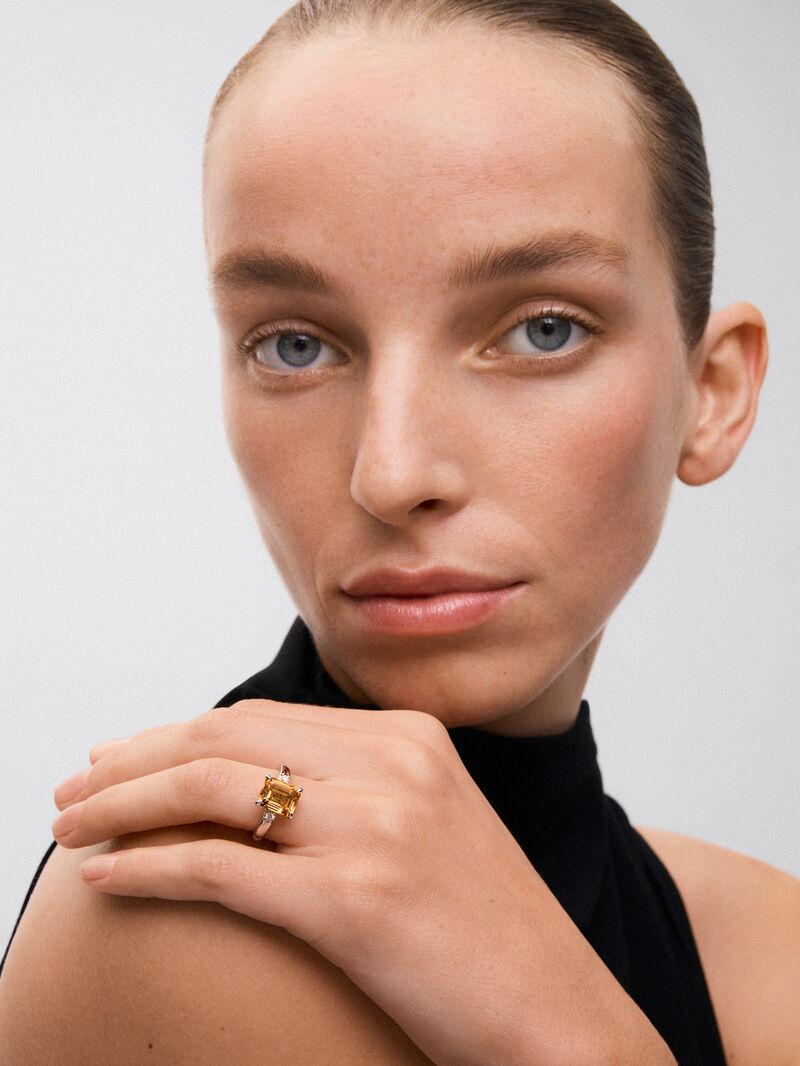 925 silver ring with citrine quartz in emerald size 2.86 cts and white diamonds in 0.09 cts bright size image number 3