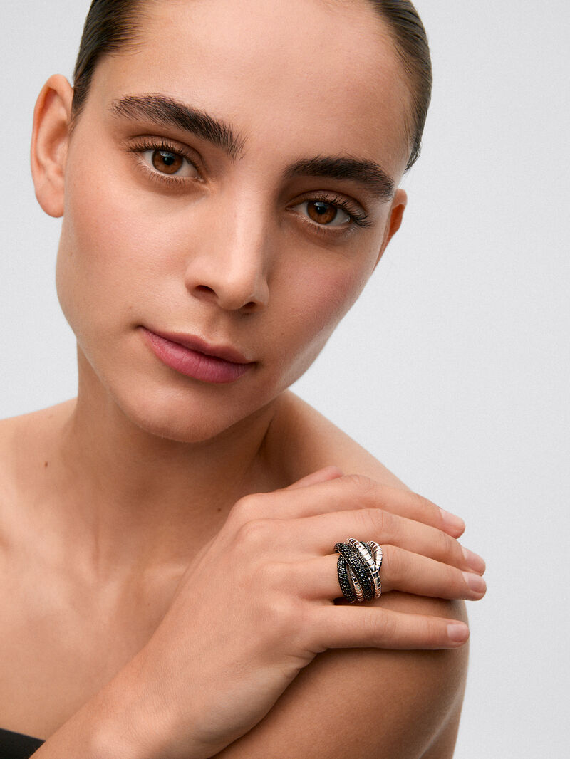 Wide multi-arm 925 silver ring with 213 brilliant-cut black spinels image number 1