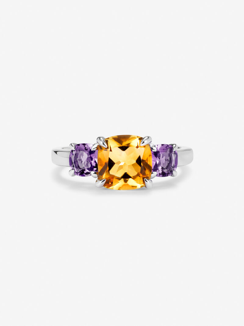 925 silver triplet ring with cushion-cut citrine quartz of 1.53 cts and 2 cushion-cut purple amethysts with a total of 0.68 cts image number 2