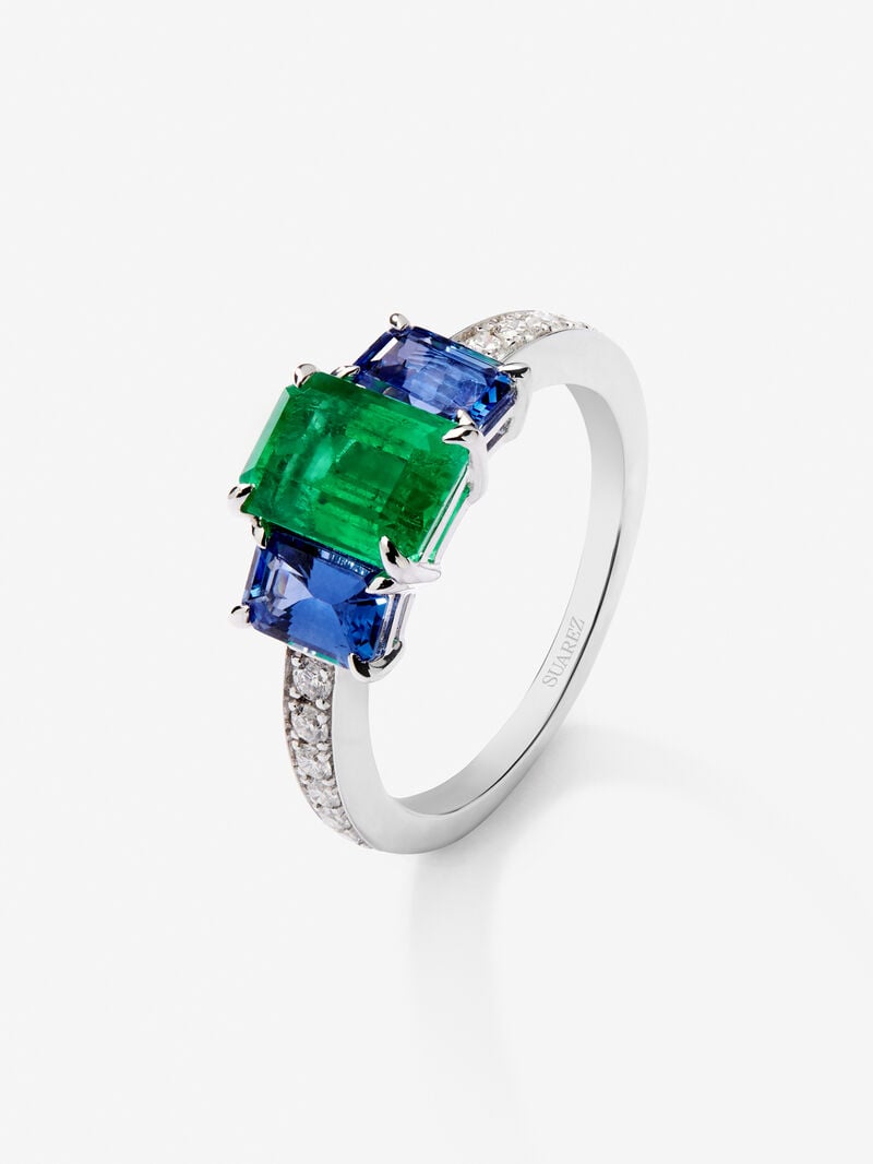 18K White Gold Tieillo Ring with Green Esmerald in Octagonal Size 1.58 CTS, Blue Sapphires in Octagonal Size 1.28 CTS and White Diamonds in Bright Size of 0.2 Cts image number 0