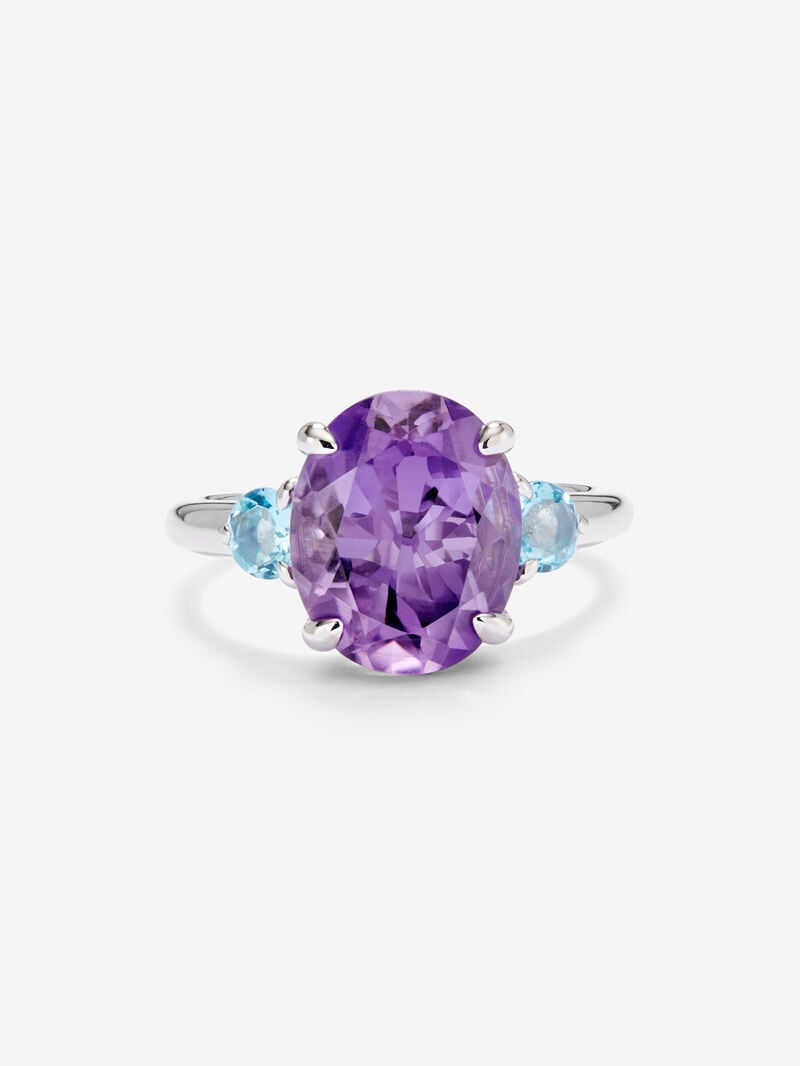 925 silver triple ring with oval-cut purple amethyst and 2 brilliant-cut Swiss blue topazes image number 2