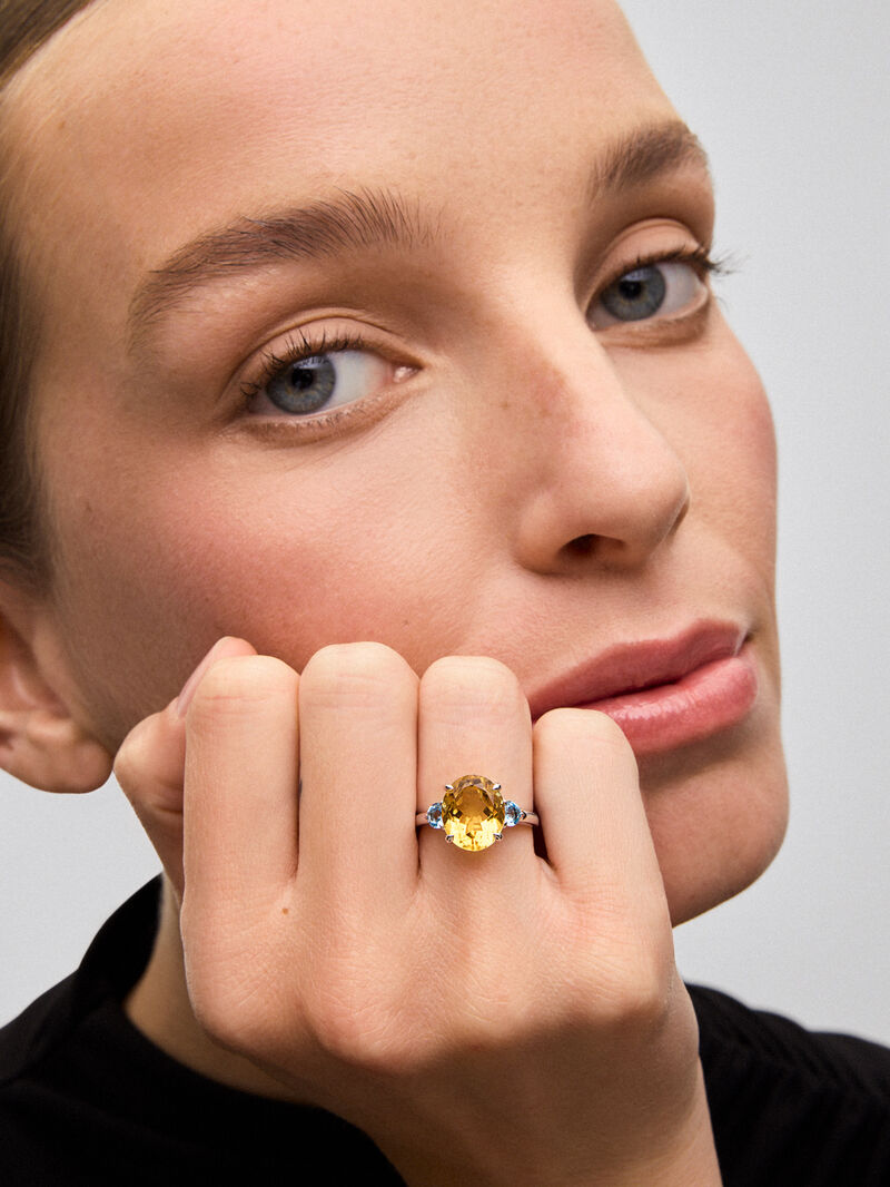 925 silver triple ring with oval-cut citrine quartz and 2 brilliant-cut Swiss blue topazes image number 2