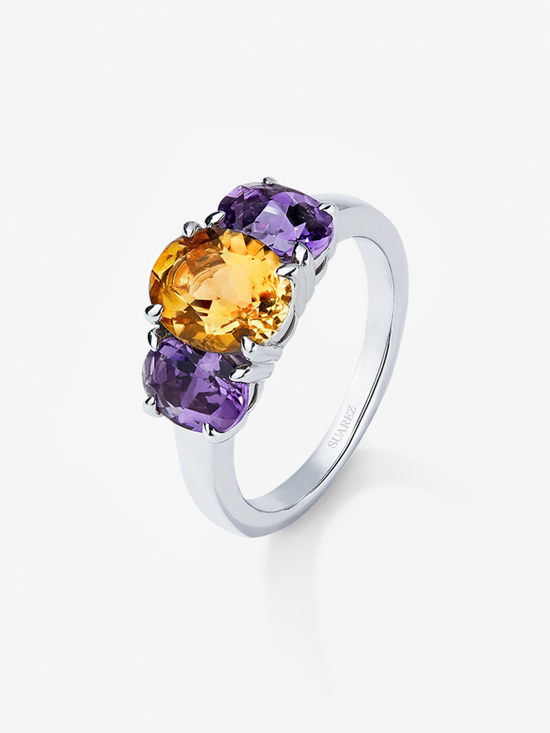925 silver triplet ring with cushion-cut citrine quartz of 1.53 cts and 2 cushion-cut purple amethysts with a total of 0.68 cts image number 0