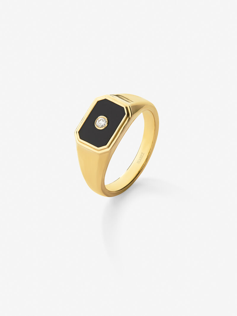 Medium Yellow Gold Seal Ring of 18K with 0.98 cts black and 0.03 cts diamond image number 0