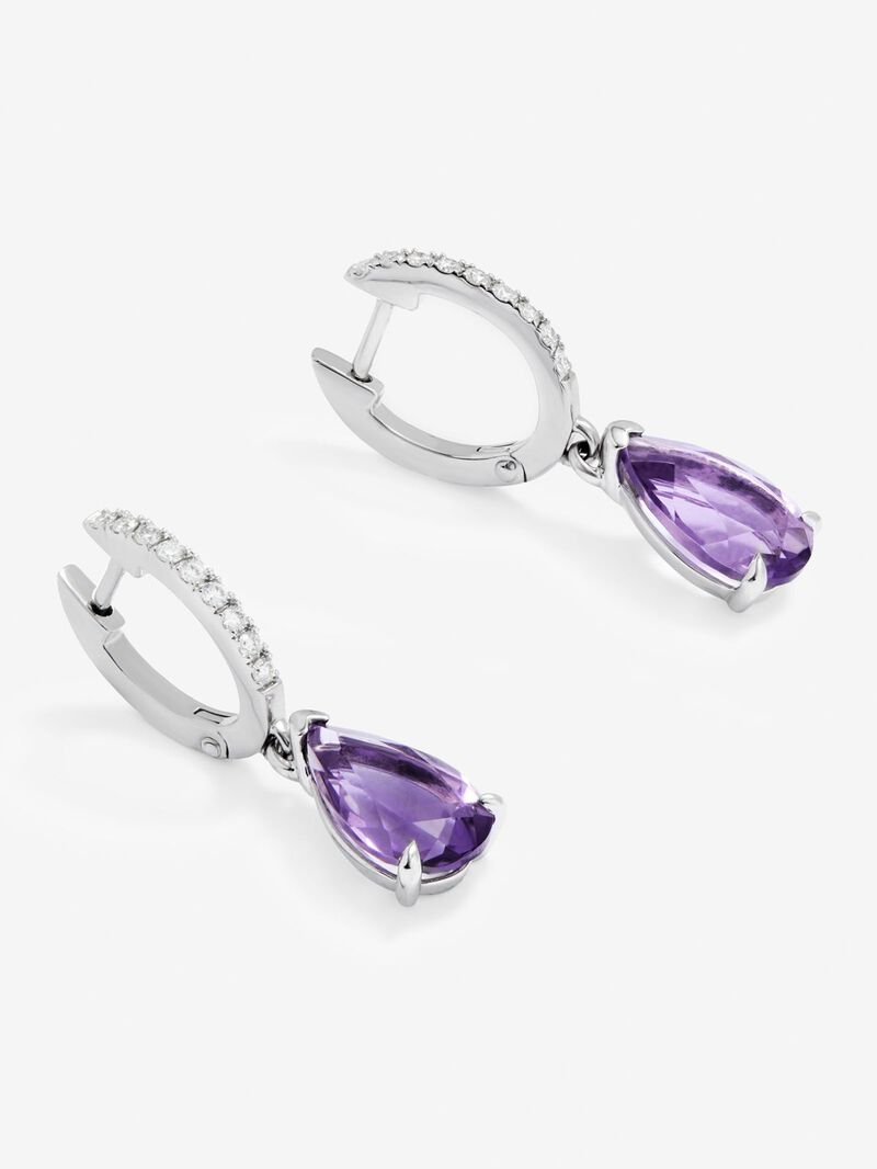 18K White Gold Hoop Earrings with Amethyst and Diamond Pendant image number 2
