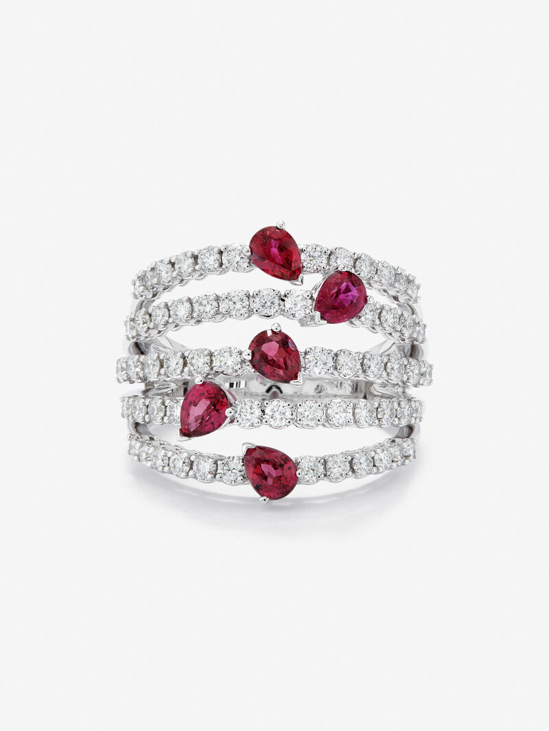 18K white gold ring with 60 brilliant-cut diamonds with a total of 1 cts and 5 pear-cut red rubies with a total of 1.14 cts image number 4