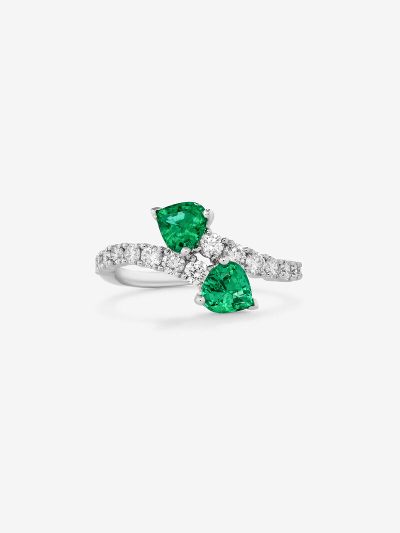 You and I 18k White Gold Ring with Green Emeralds in 0.98 cts and white diamonds in a bright 0.6 cts diamonds image number 2