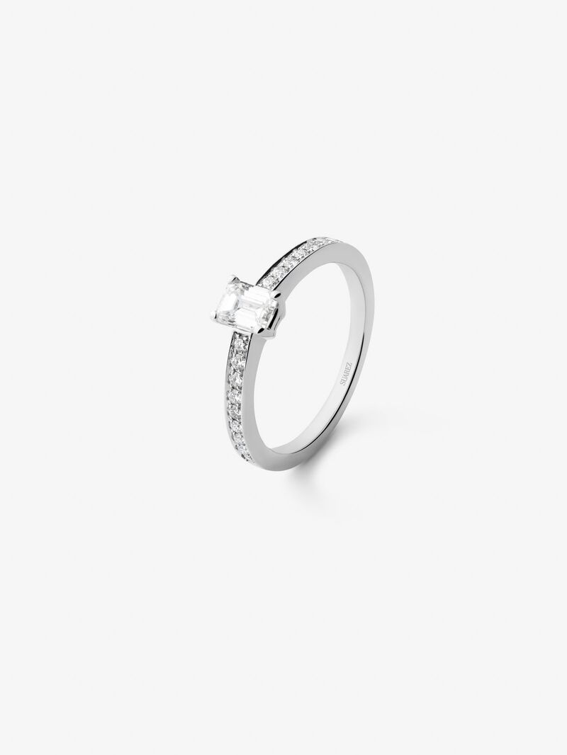 18K white gold ring with central emerald-cut diamond of 0.5 cts and arm of 18 brilliant-cut diamonds with a total of 0.19 cts image number 0
