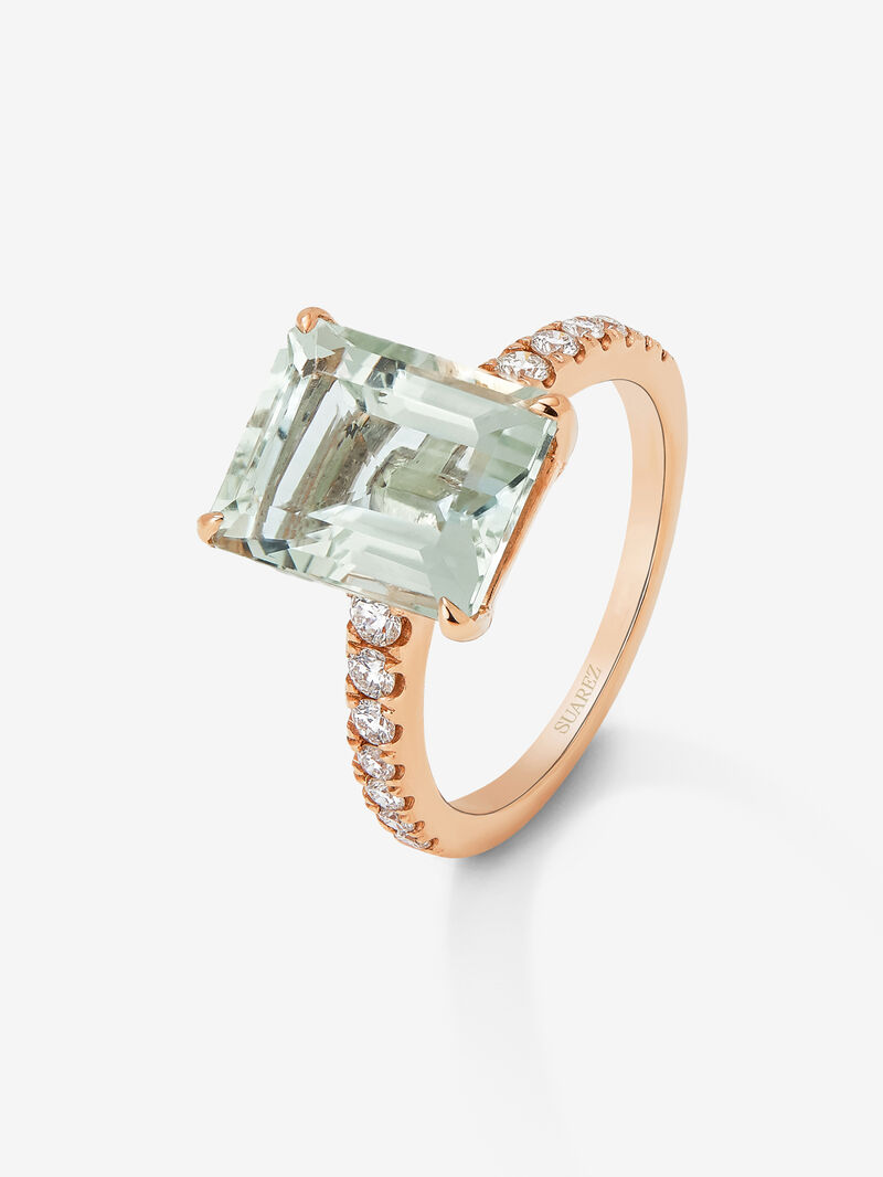 18K rose gold ring with green amethyst in emerald cut of 4.25 cts and 14 brilliant cut diamonds with a total of 0.32 cts image number 0