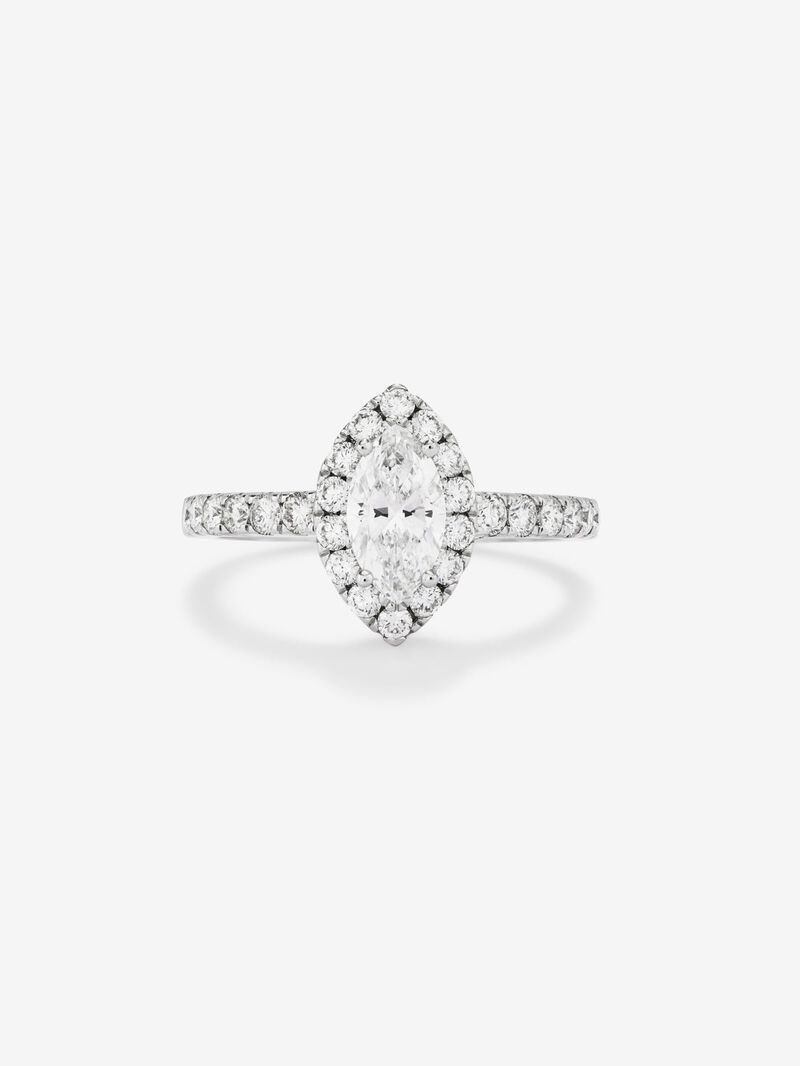 18K white gold ring with 0.7 ct marquise cut diamond and brilliant cut diamond border and arm with a total of 0.63 cts image number 2
