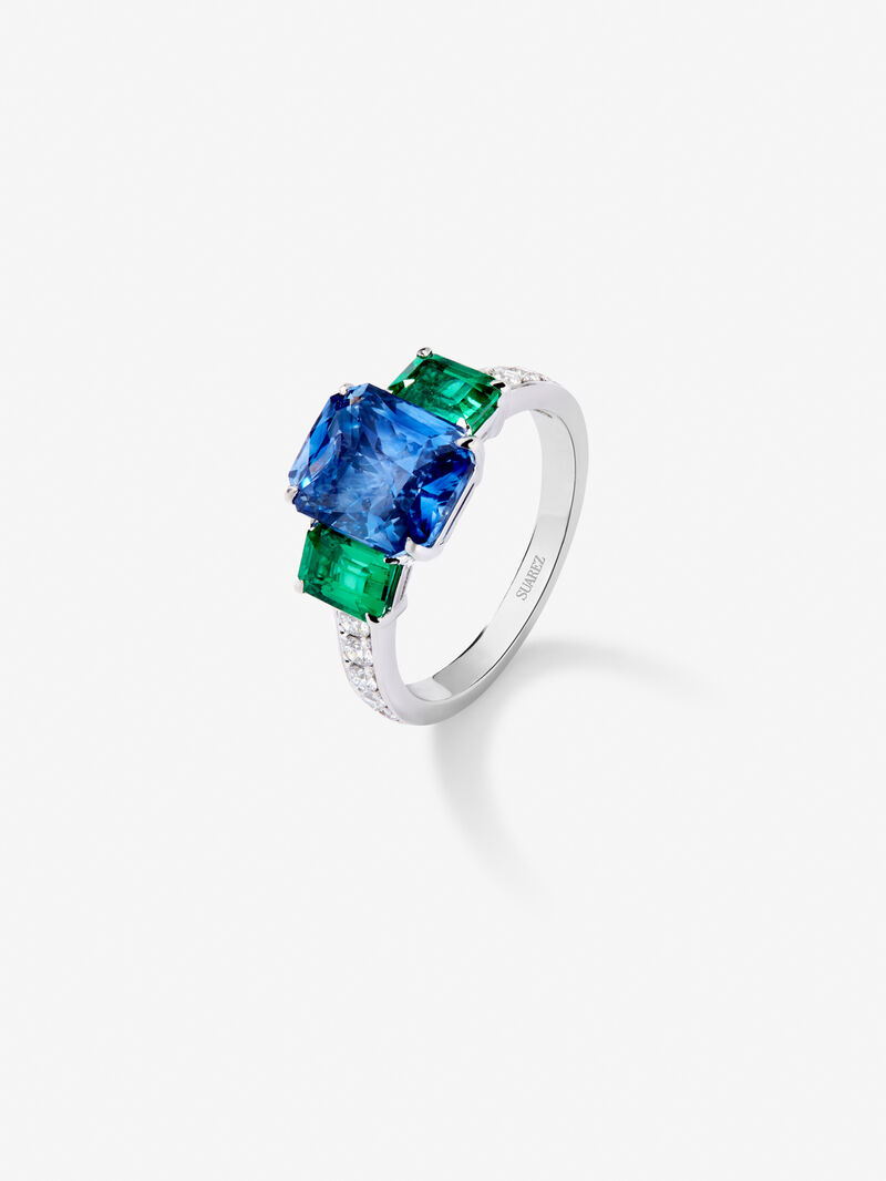 18K White Gold Tiego Ring with blue sapphire in 3.6 cts emerald size, green emeralds in octagonal size 1.12 cts and white diamonds in bright size of 0.073 cts image number 1