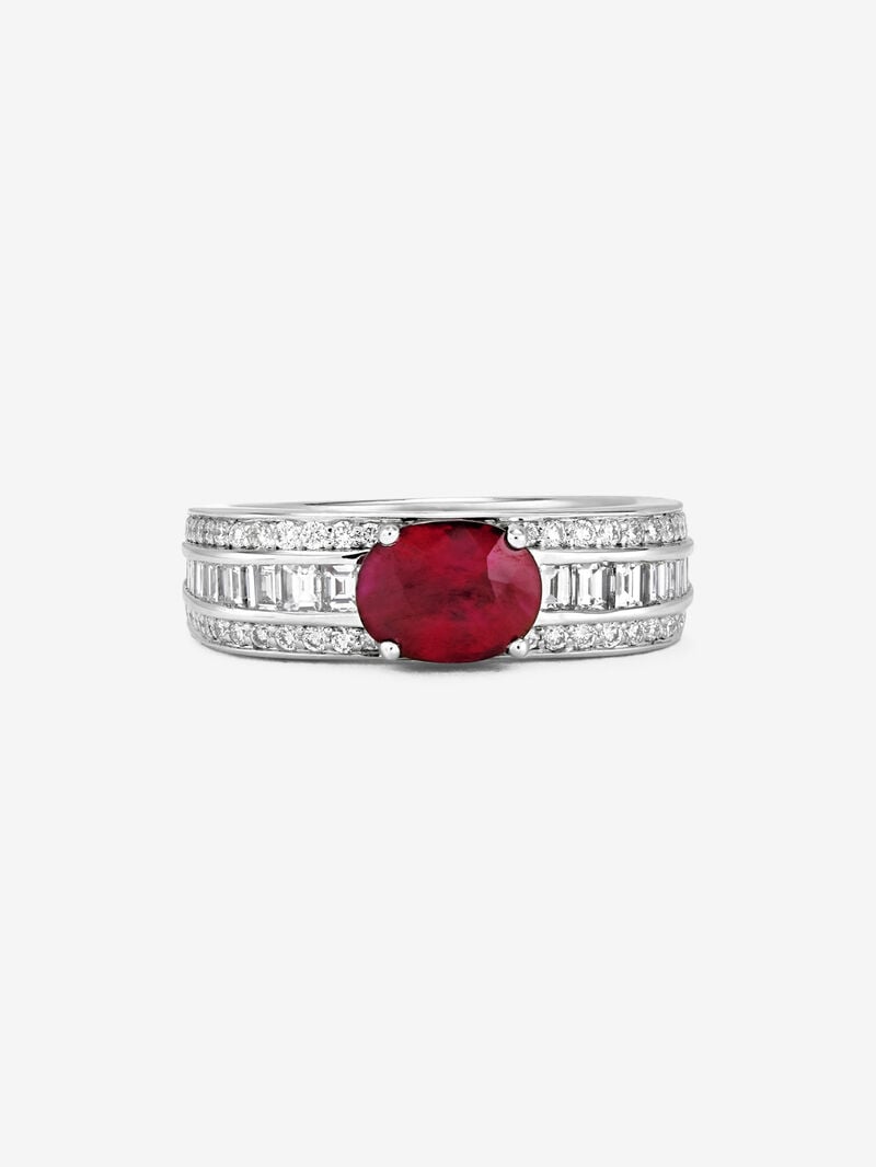 18K white gold ring with pigeon blood red ruby ​​in oval cut of 1.49 cts and 98 diamonds in baguette and brilliant cut with a total of 0.81 cts image number 2