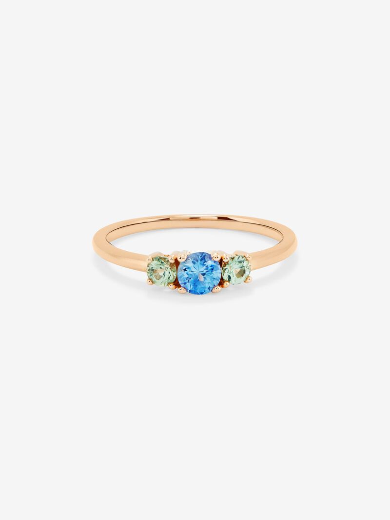 18K rose gold triple ring with blue sapphire and 2 green sapphires in brilliant cut with a total of 0.55 cts image number 2