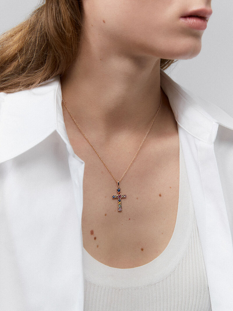 18K Rose Gold Cross Pendant Chain with Sapphire image number 3