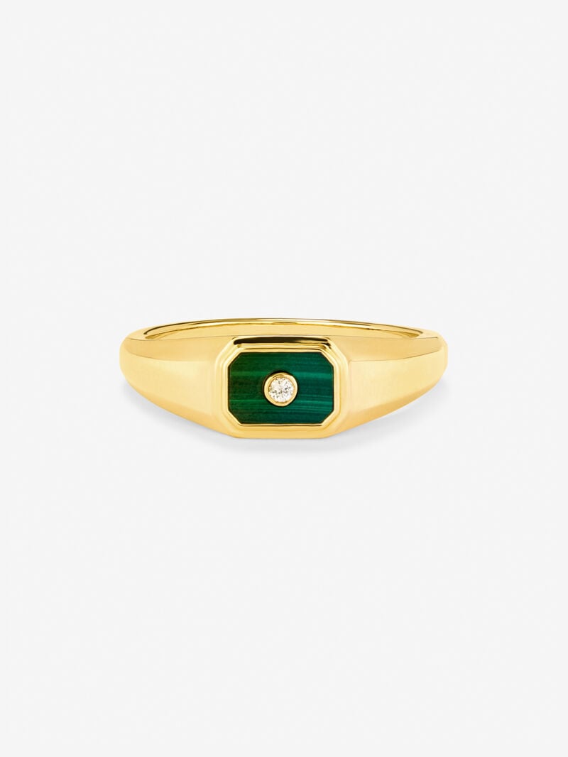 Small 18K yellow gold signet ring with 0.2 ct green malachite and 0.01 ct brilliant cut diamond image number 2