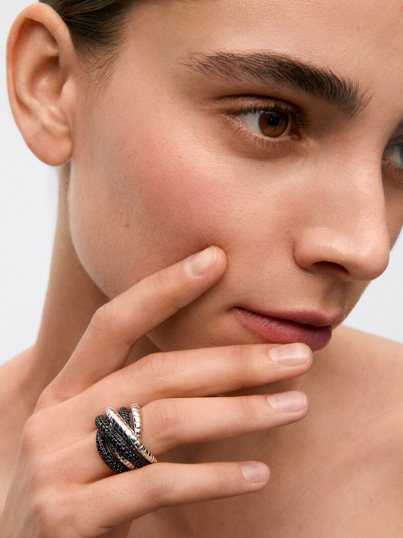 Wide multi-arm 925 silver ring with 213 brilliant-cut black spinels image number 3