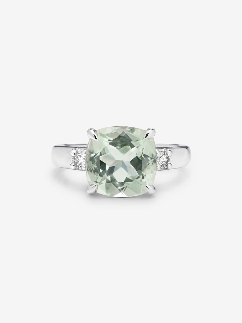 925 silver triple ring with cushion-cut green amethyst of 3.95 cts and 2 brilliant-cut diamonds with a total of 0.12 cts image number 2
