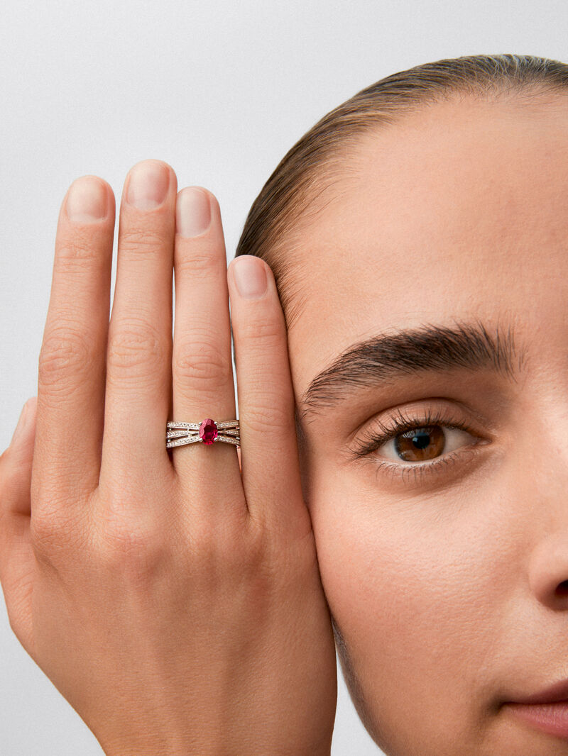 18K white gold multi-arm ring with oval-cut red ruby ​​of 0.65 cts and brilliant-cut diamonds with a total of 0.45 cts image number 3
