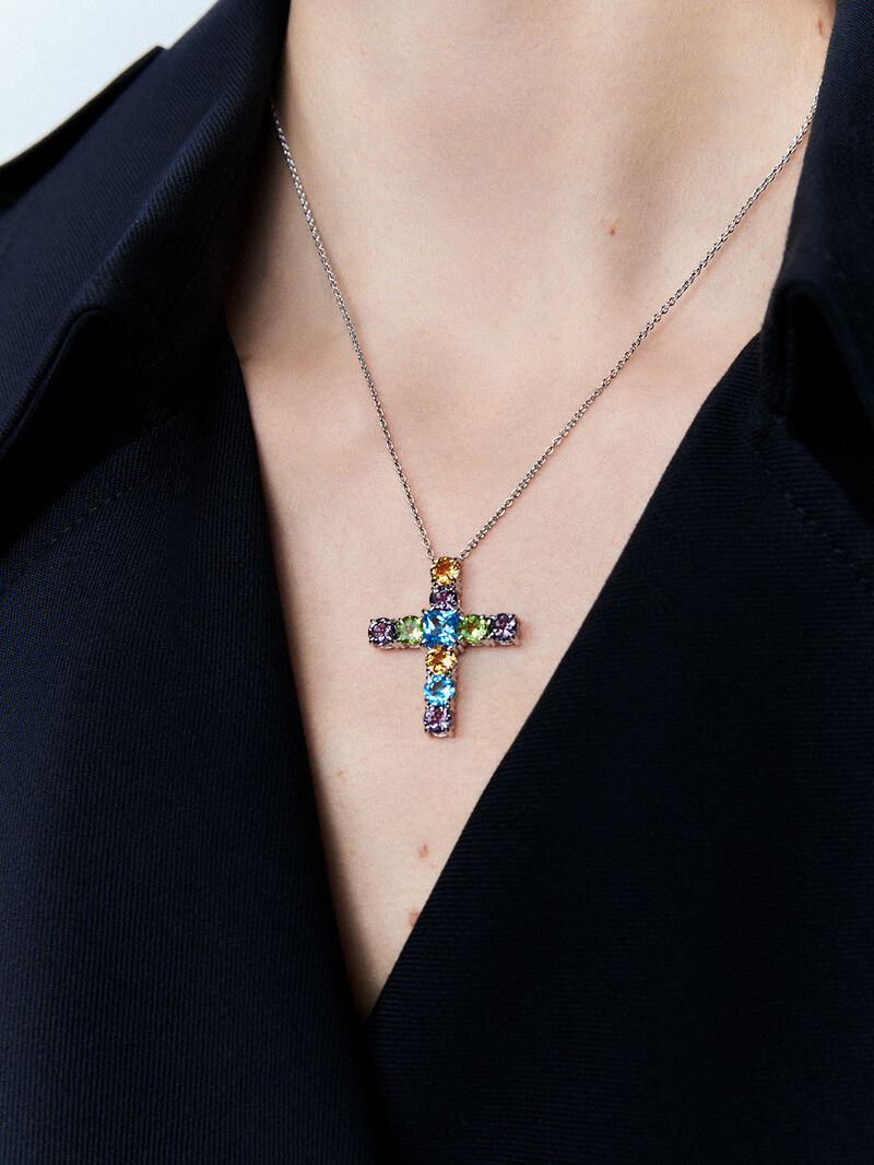 Pendant chain with 925 silver cross adorned with multicolored gems image number 3