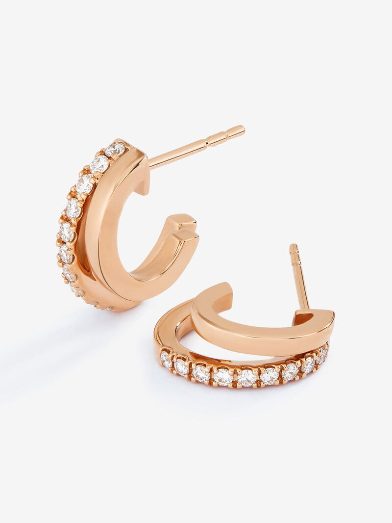 18K rose gold double hoop earrings with diamonds image number 2