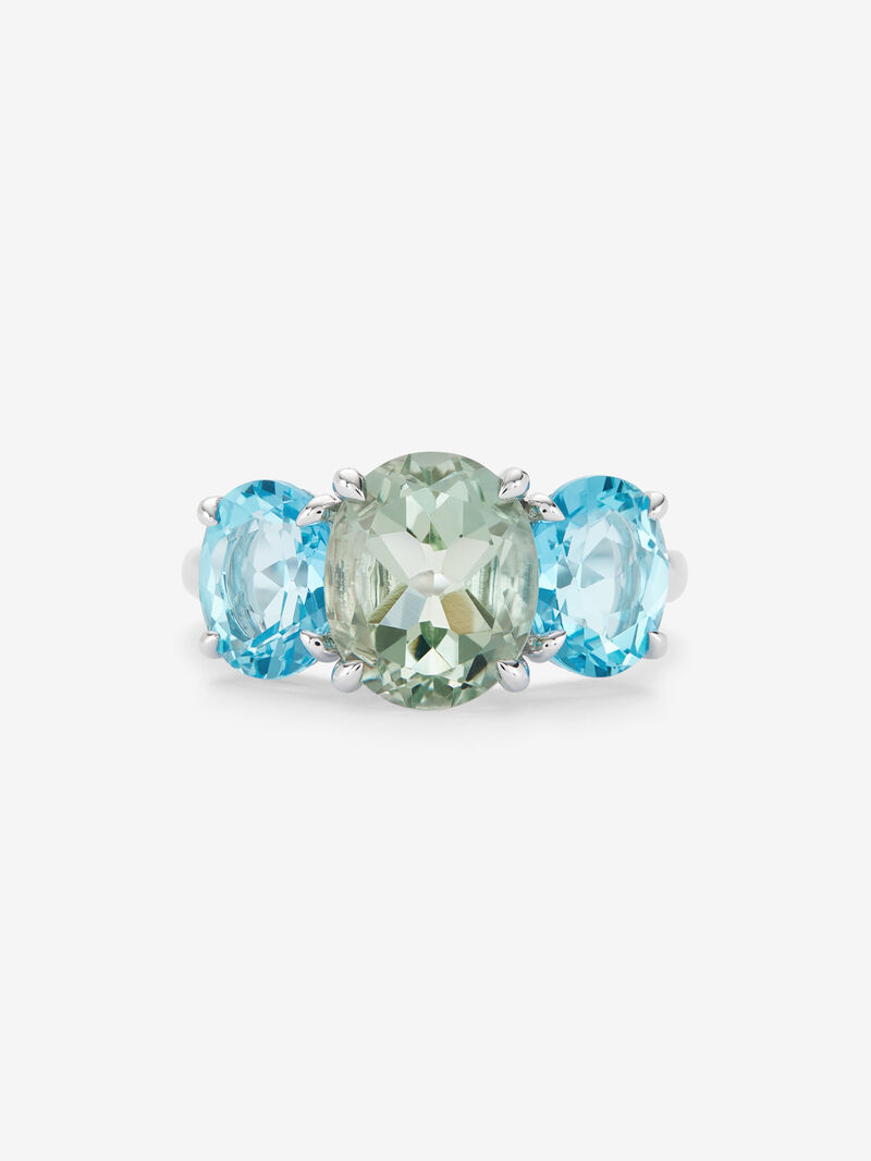 925 silver triple ring with oval-cut green amethyst of 2.6 cts and 2 Swiss blue topazes with a total of 3.46 cts image number 1