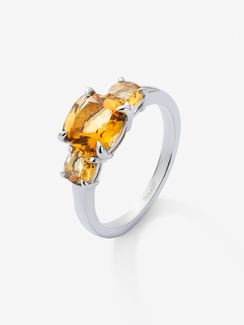 925 silver triplet ring with 3 cushion-cut yellow citrine quartz with a total of 2.15 cts image number 0