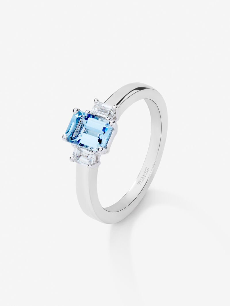 18K white gold triple ring with octagonal cut aquamarine of 0.8 cts and 2 octagonal cut diamonds with a total of 0.3 cts image number 0