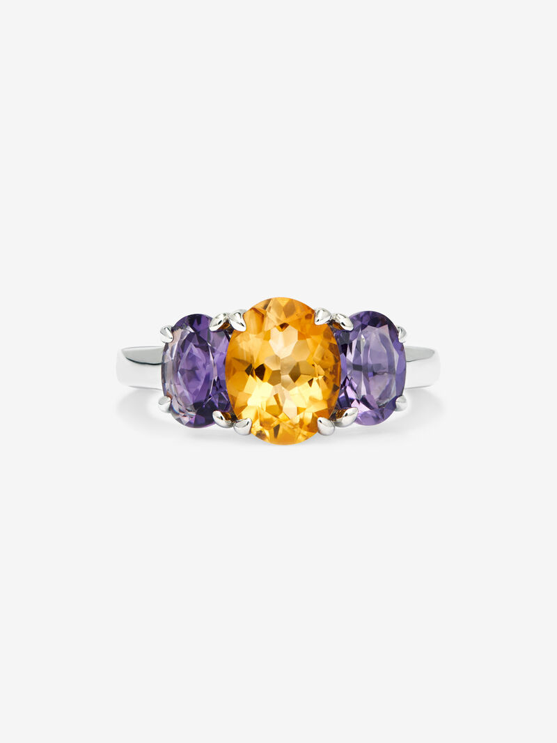 925 silver triple ring with oval-cut citrine quartz and 2 oval-cut purple amethysts image number 2