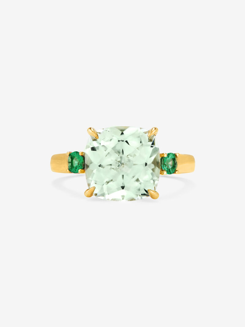 18K yellow gold triple ring with 3.95 ct cushion-cut green amethyst and 0.25 ct brilliant-cut green emeralds image number 2